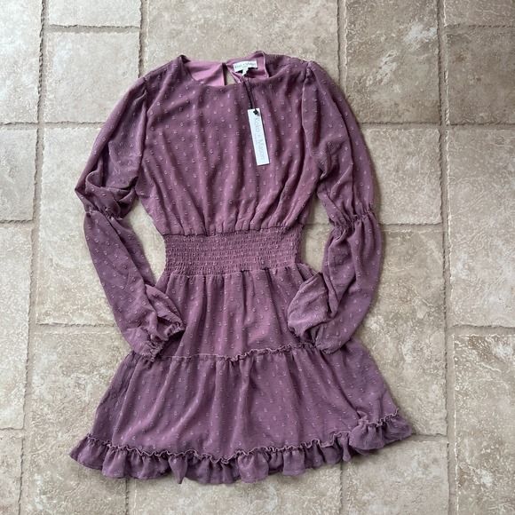 Koko + Mason Mauve Swiss Dot Smocked Waist Tiered Mini Dress Small NEW - Picture 12 of 12